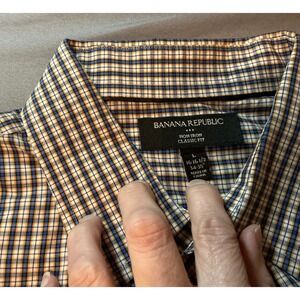 Banana Republic Mens L 16-16.5 Plaid Non Iron Classic Fit Button Down Shirt Blue